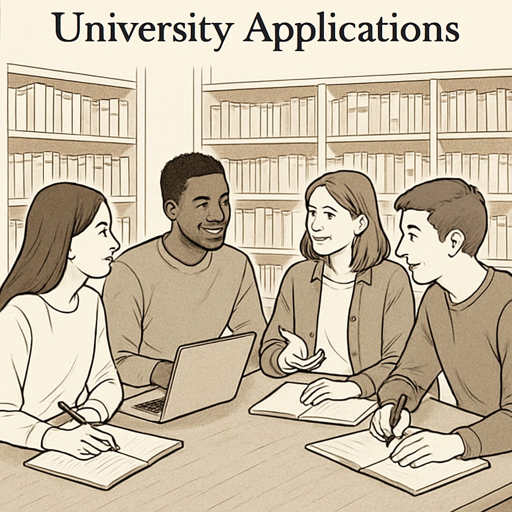 Students collaborating on university applications in a library.