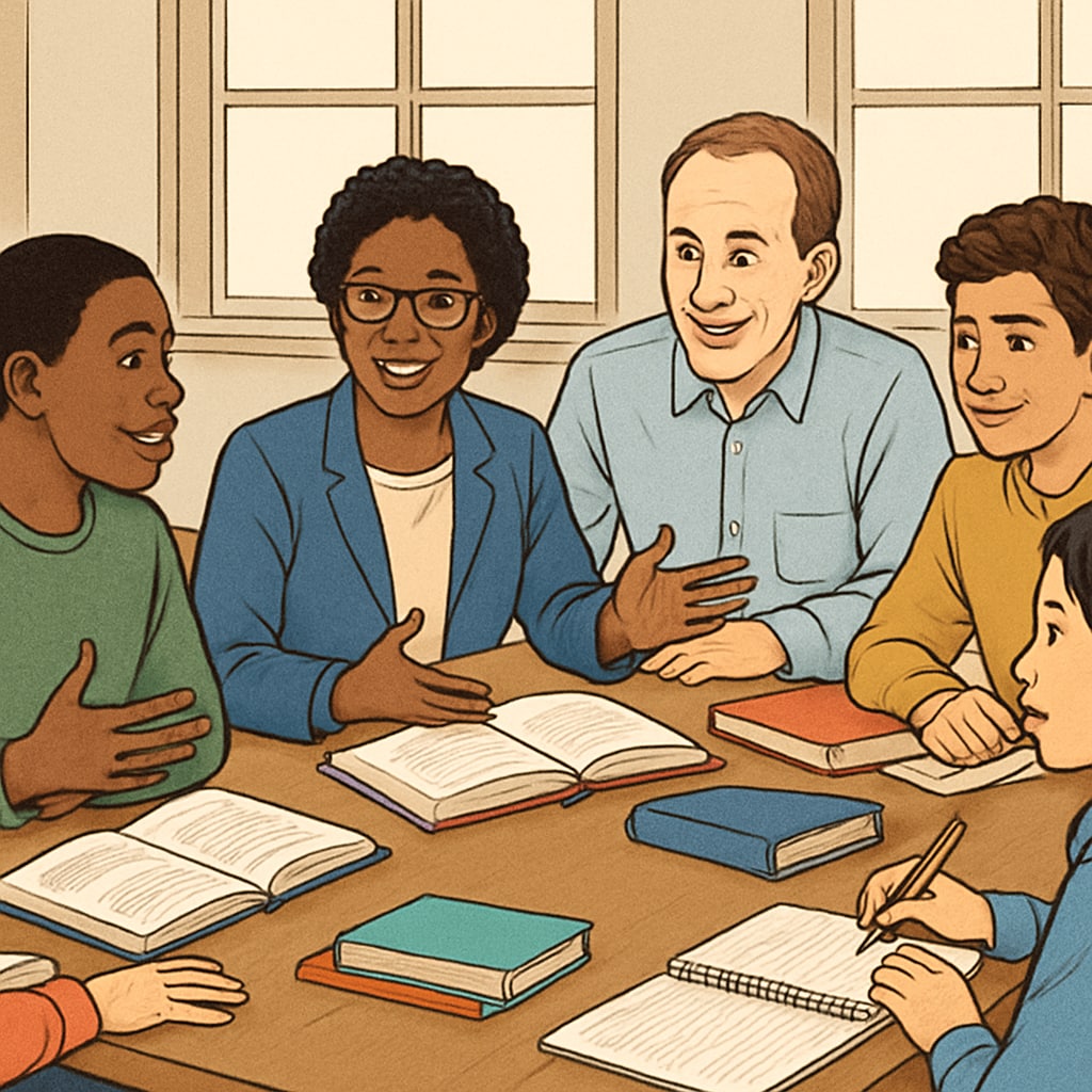 A diverse group of students and teachers engaged in a collaborative discussion. Students and teachers discussing fair grading practices and academic appeals.