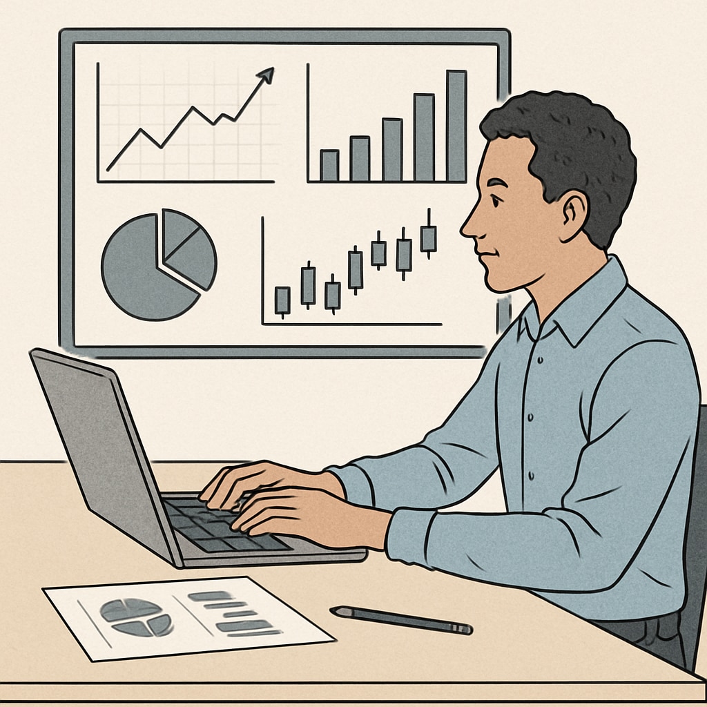 A financial analyst working on a laptop with graphs and charts displayed on a large screen. Financial analyst examining data visualizations to inform strategic decisions, showcasing career paths.