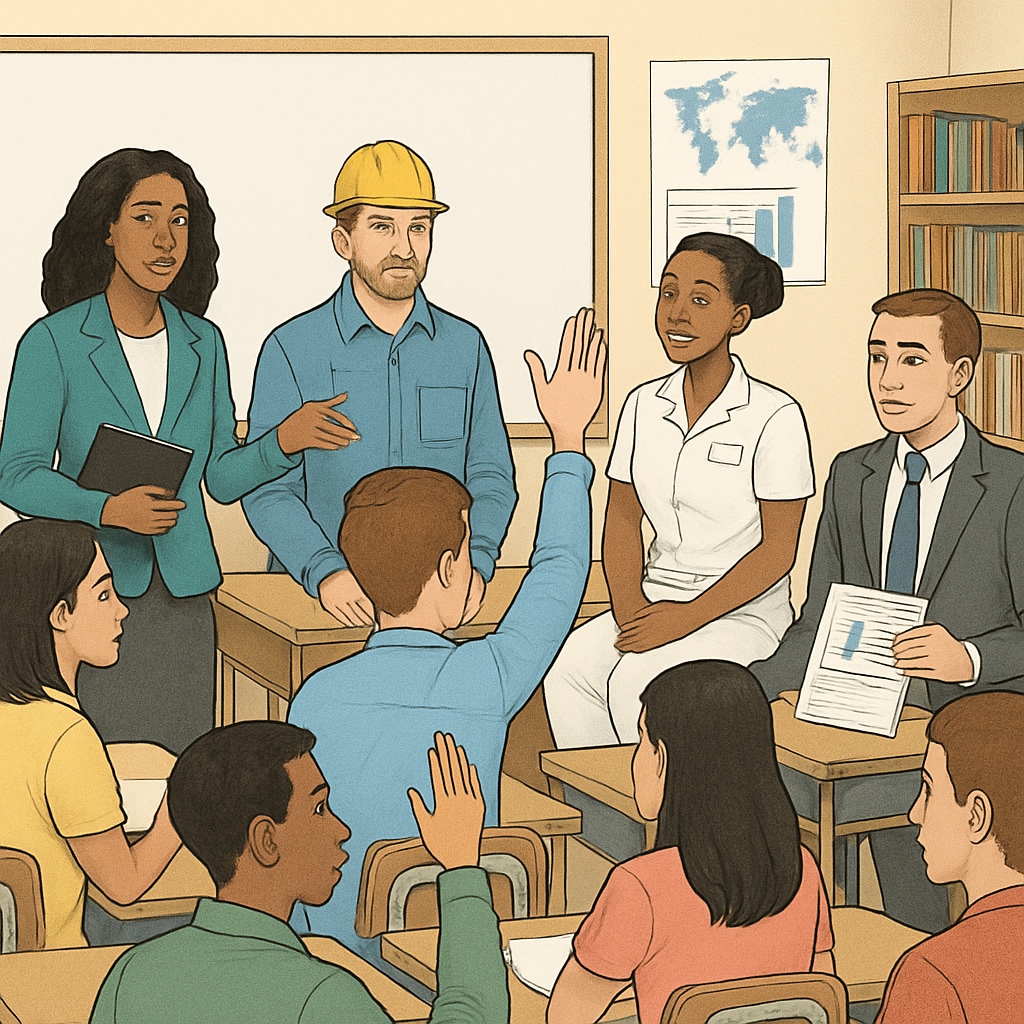 A group of high school students participating in a career workshop, engaging with professionals from various industries. High school students interacting with professionals during a career workshop.