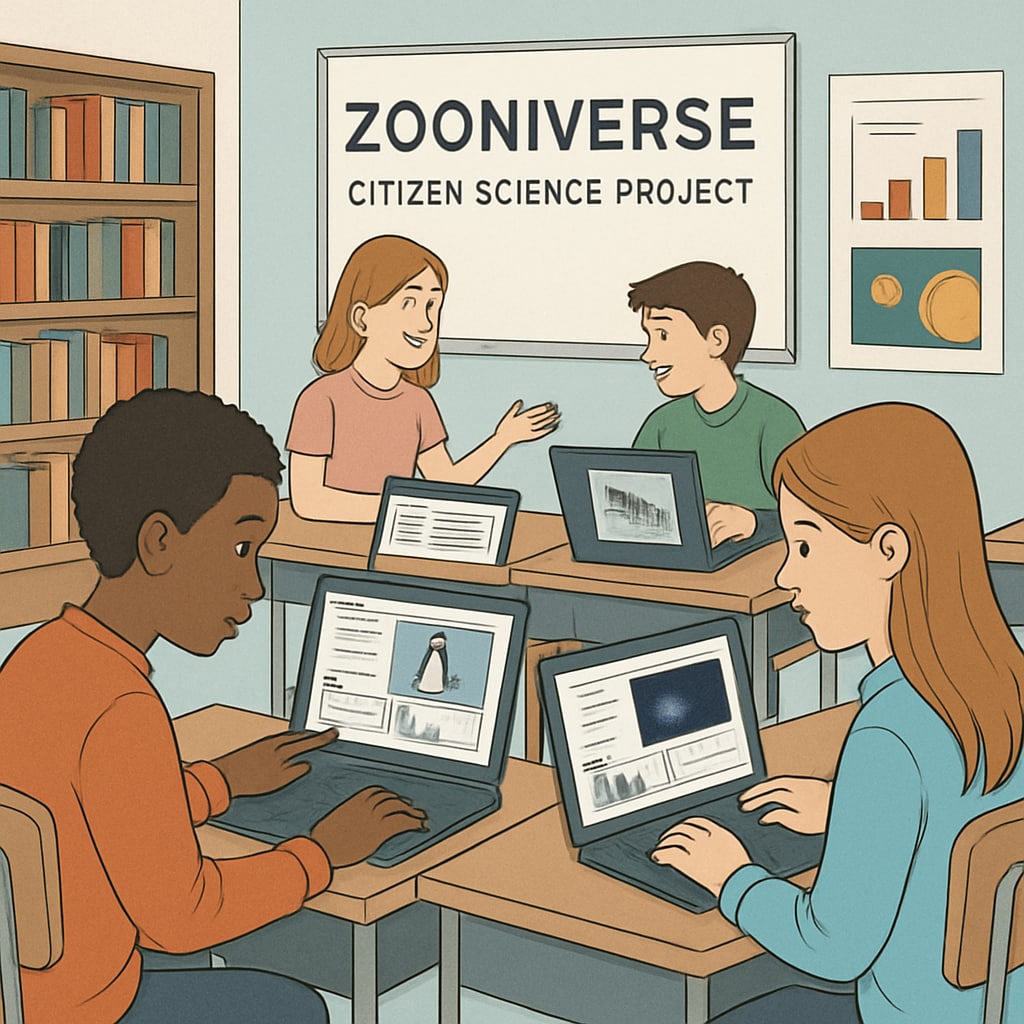 Students participating in a Zooniverse citizen science project on laptops