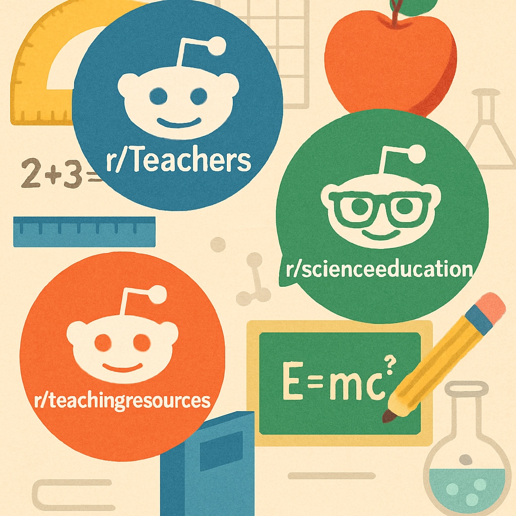 Collage of Reddit education subreddits like r/Teachers and r/scienceeducation.