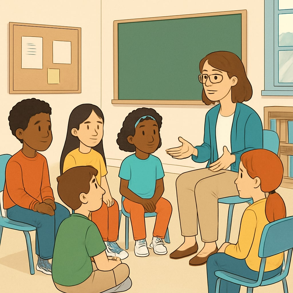 Restorative justice practices in schools with students and a teacher.