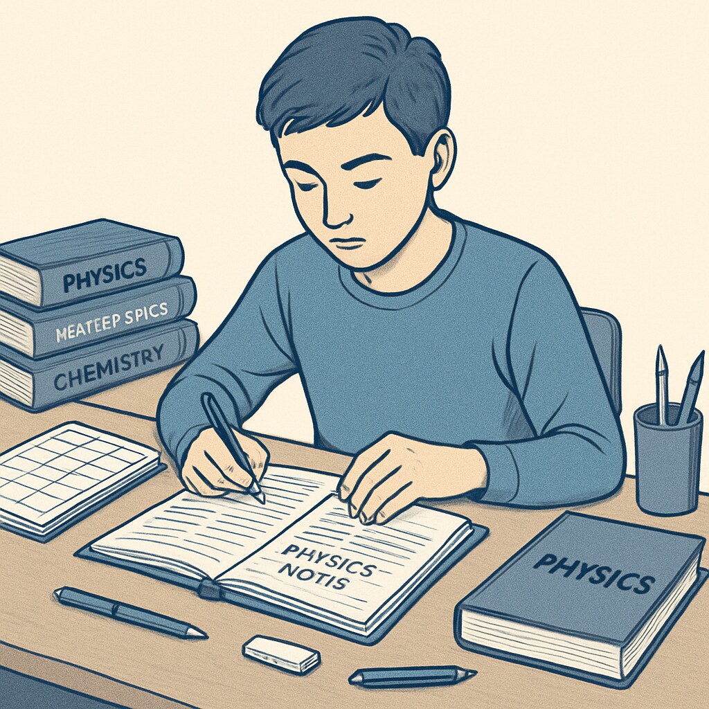 High school student studying physics notes to manage time and prepare for exams.