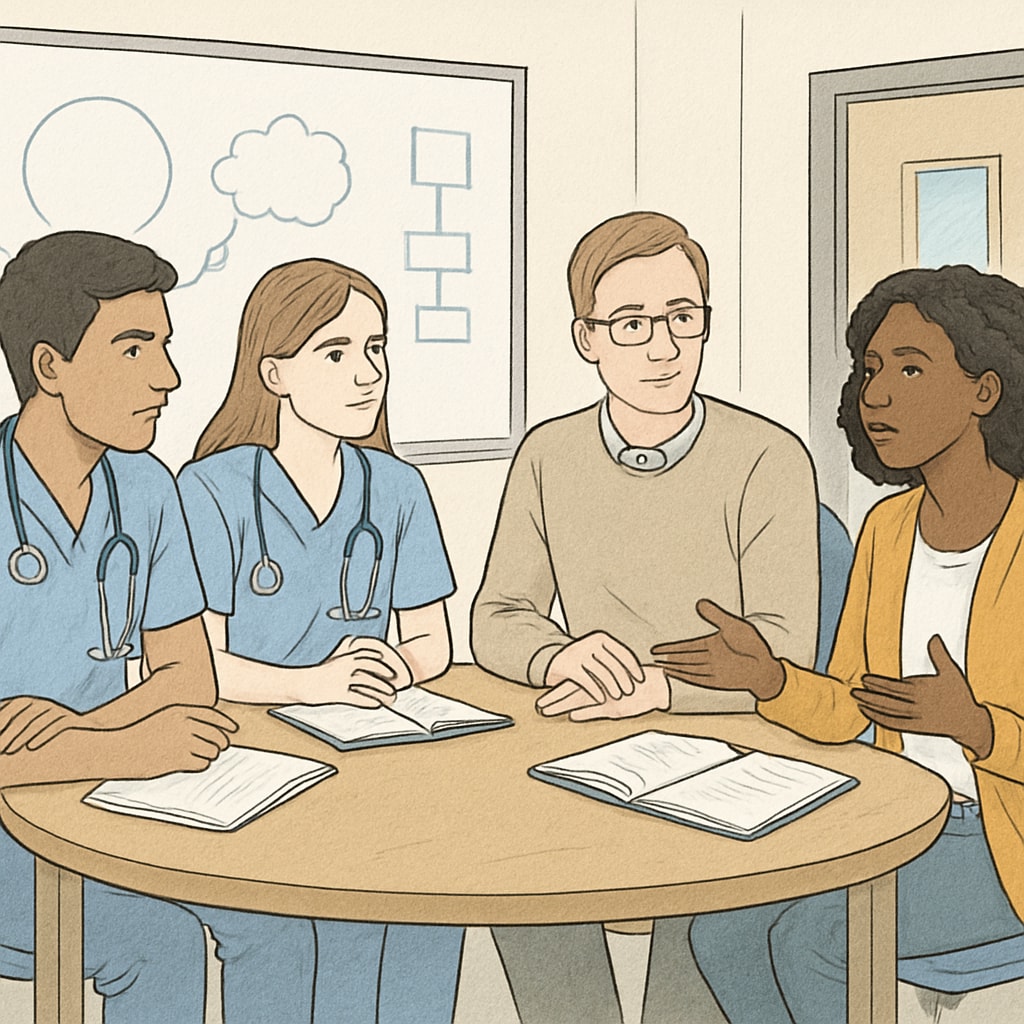 A group of medical students discussing plans for a mental health assembly with high school staff. Medical students planning a psychological health education assembly for high school students.