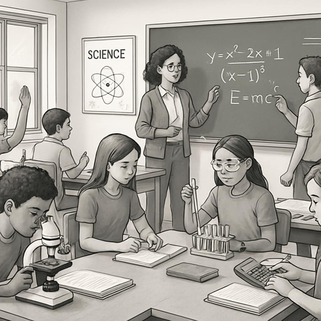 A classroom filled with students actively engaged in math and science lessons, demonstrating the focus on STEM education in high schools. High school students participating in STEM-focused lessons as part of curriculum reform.