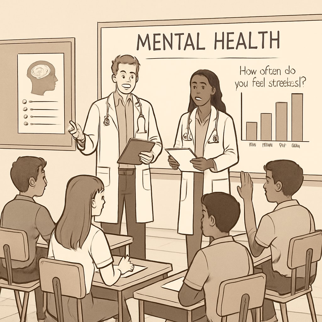 A classroom setting with high school students participating in a mental health workshop led by medical students. High school students engaging in a psychological health workshop led by medical students.
