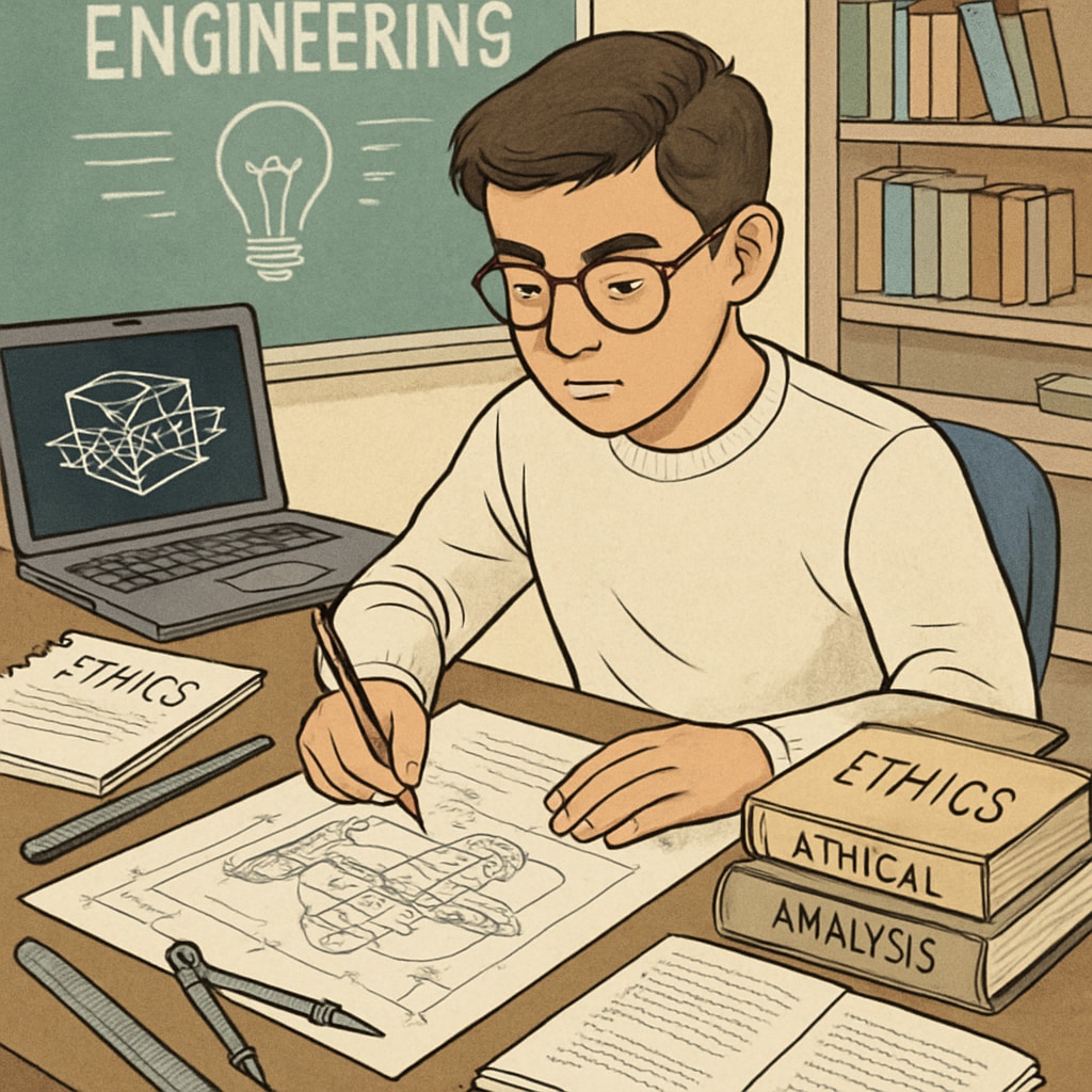 A high school student working on an interdisciplinary project that combines engineering and ethical analysis, illustrating the integration of STEM and humanities. Student combining STEM and humanities in educational projects to demonstrate curriculum balance.