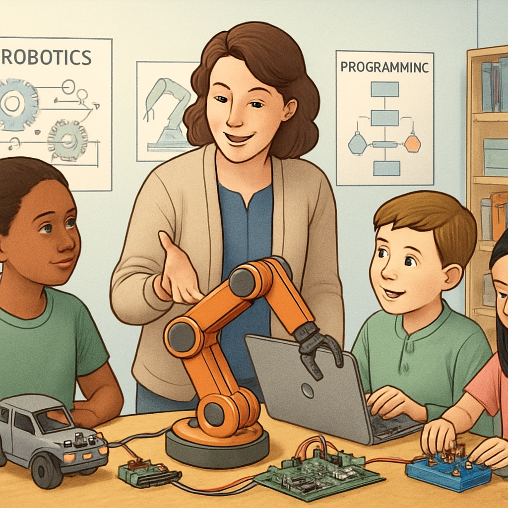 A teacher guiding students in a robotics workshop with hands-on learning tools. K12 students engaging in robotics to prepare for careers in an AI-driven future.