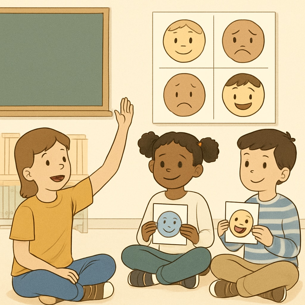 Children learning about emotions in a classroom setting during an emotional education session.