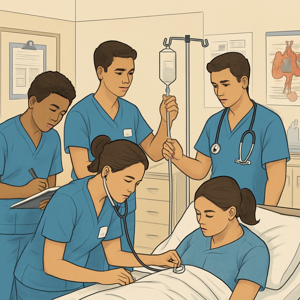 Nursing students in a clinical lab environment