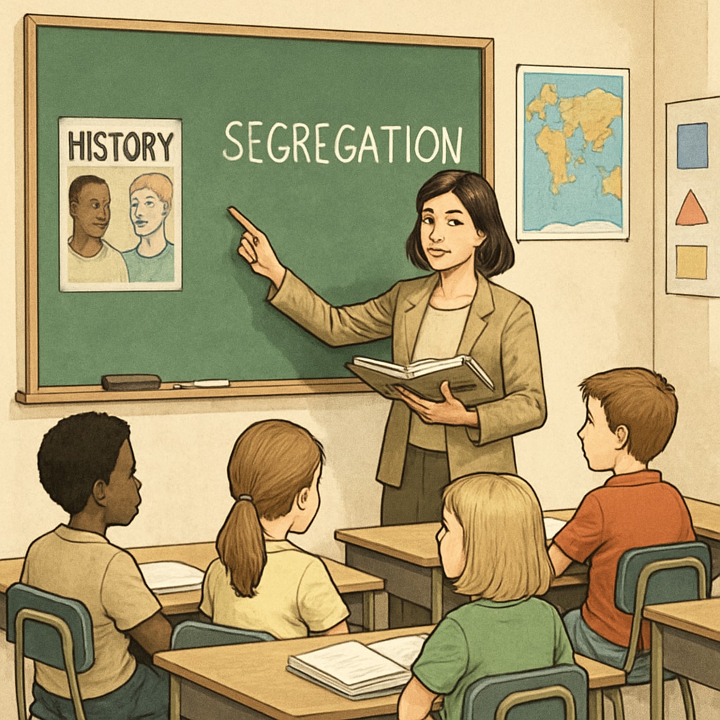 First-grade teacher discussing historical segregation with students.