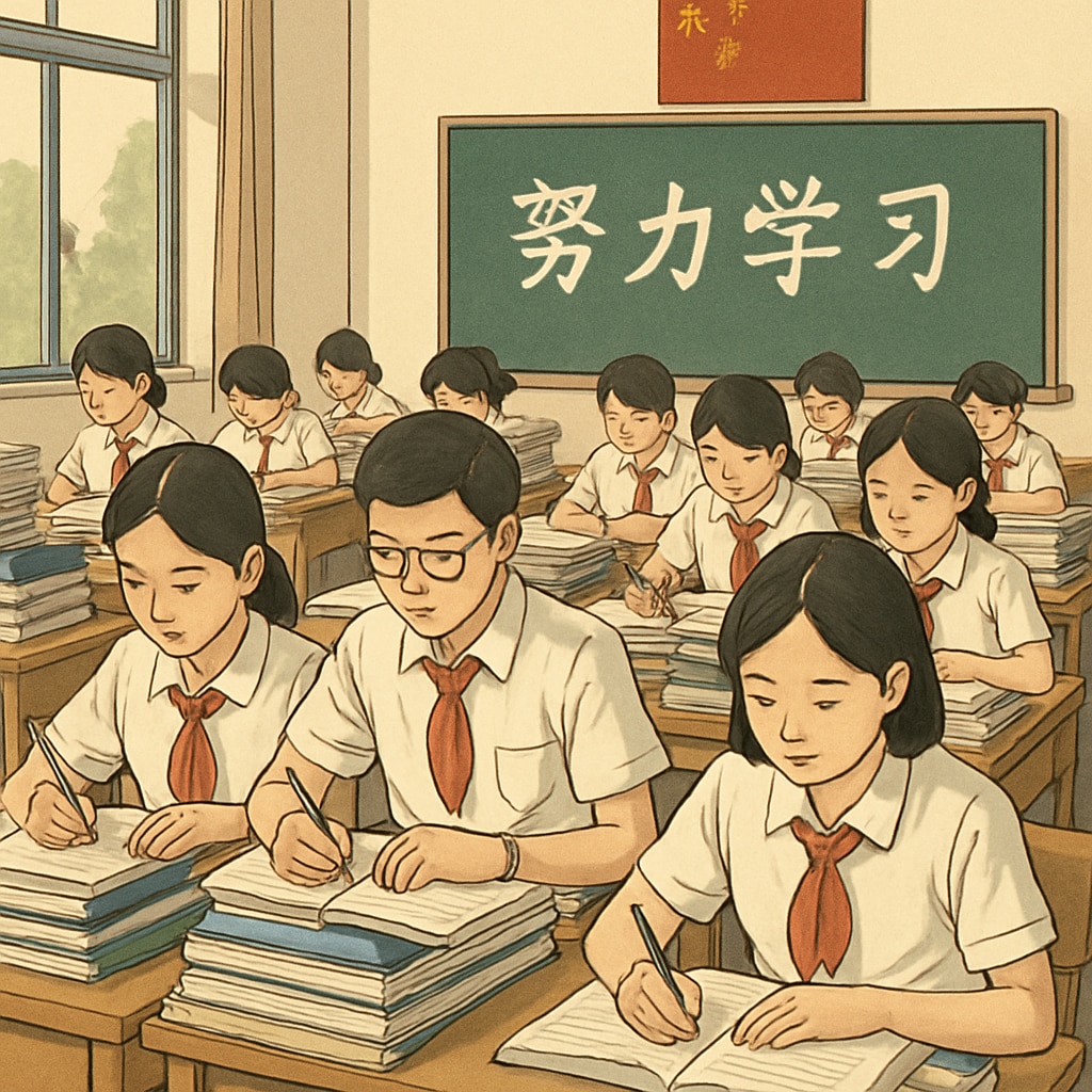 Students in a Chinese classroom preparing for exams, illustrating competitive education.