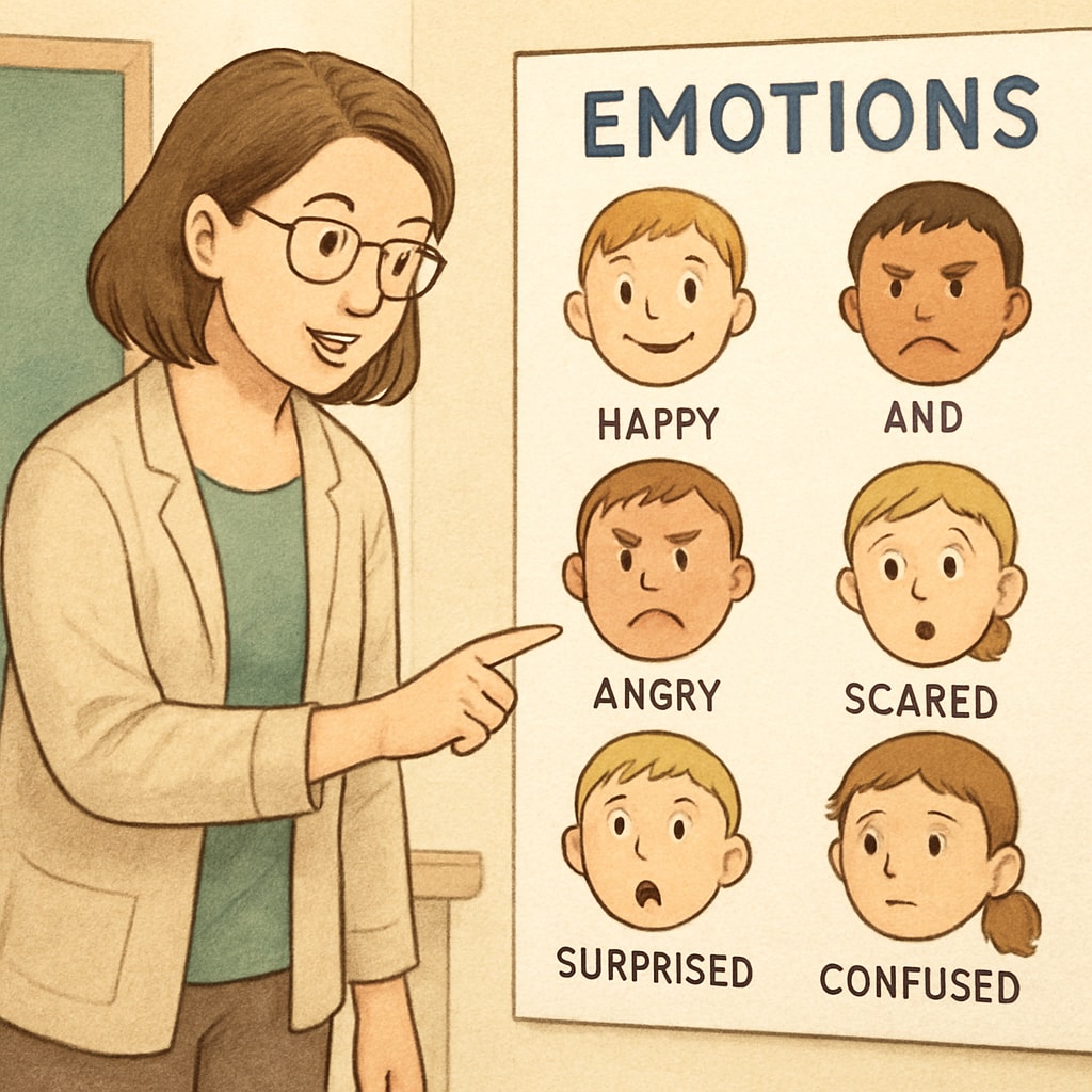 A caregiver explaining emotions to a child using an illustrated emotion chart.