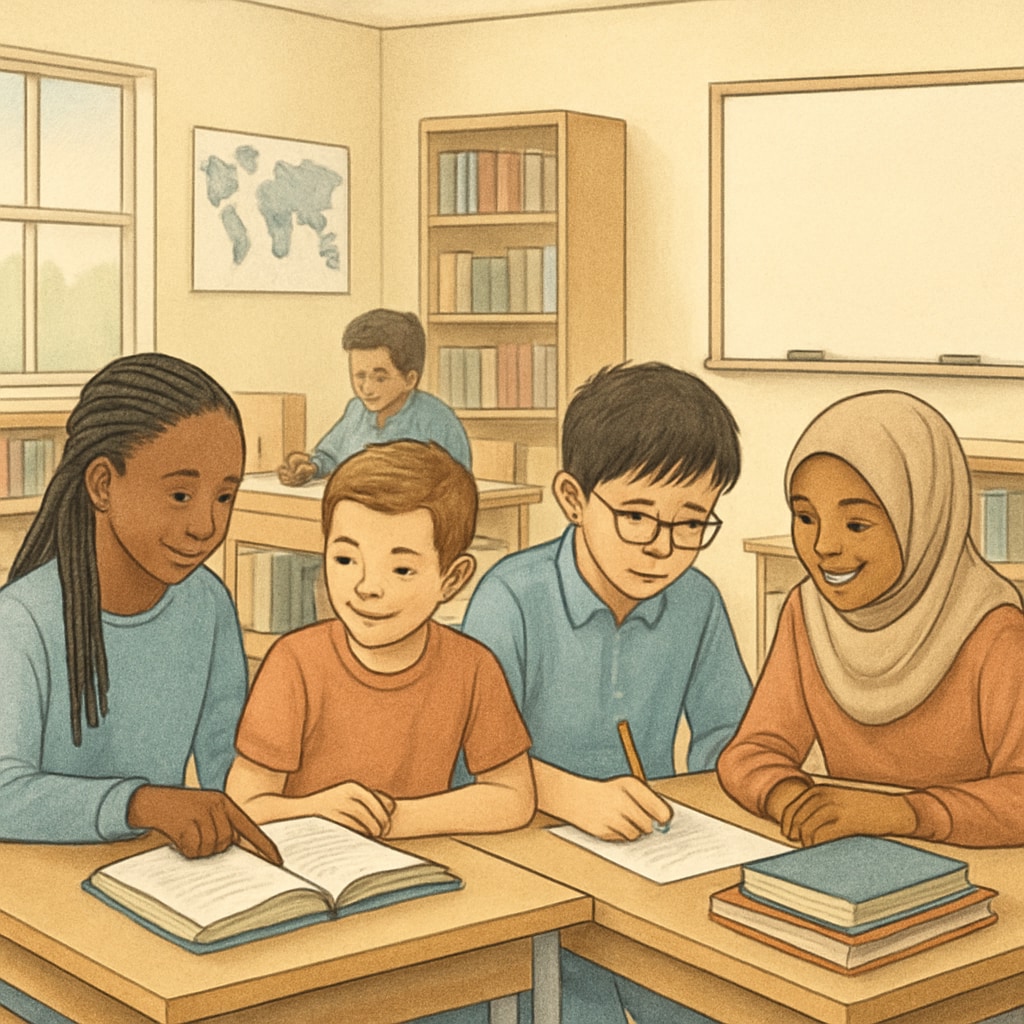 A diverse US classroom highlighting equality and collaborative education.
