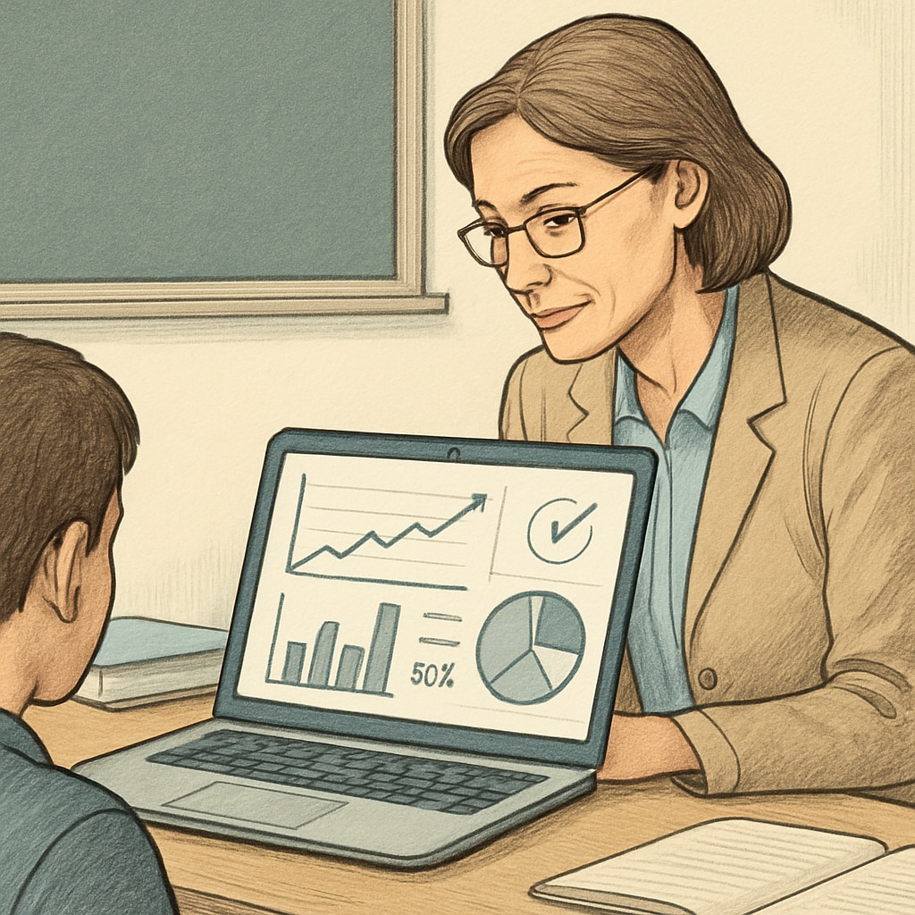 A teacher monitors student progress on a laptop screen, with interactive charts and real-time statistics visible. Teacher using gptzero to monitor student writing for plagiarism detection.