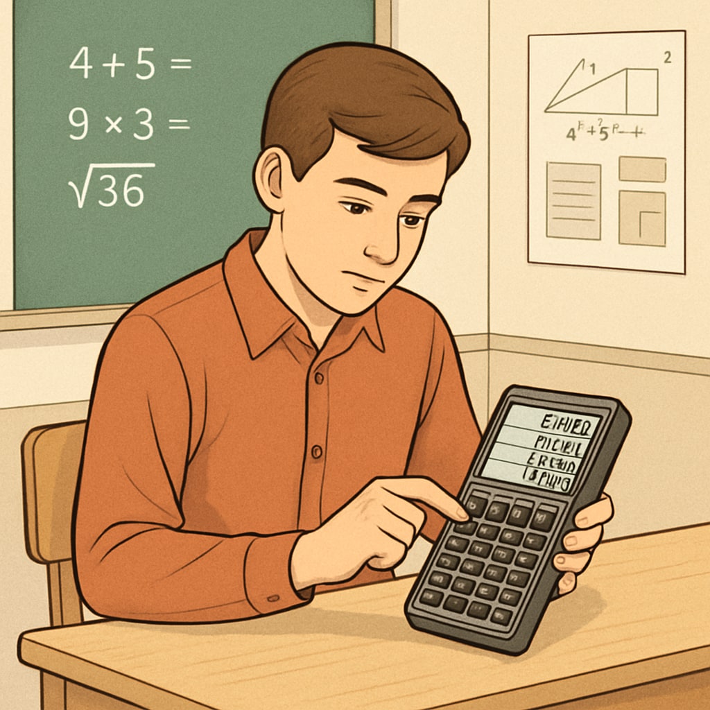 Student using RPN calculator for stack-based mathematical calculations.