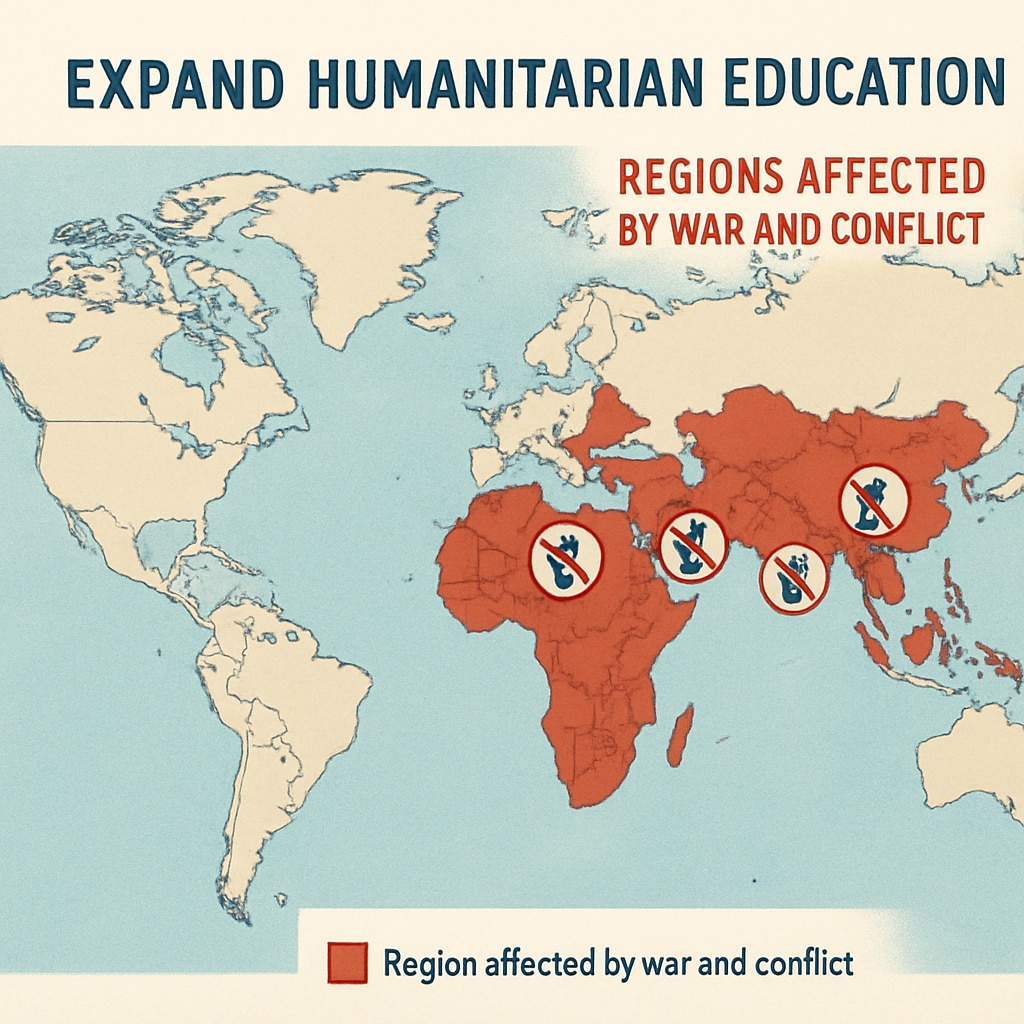 Map of global conflict zones and war-affected areas for humanitarian education focus.