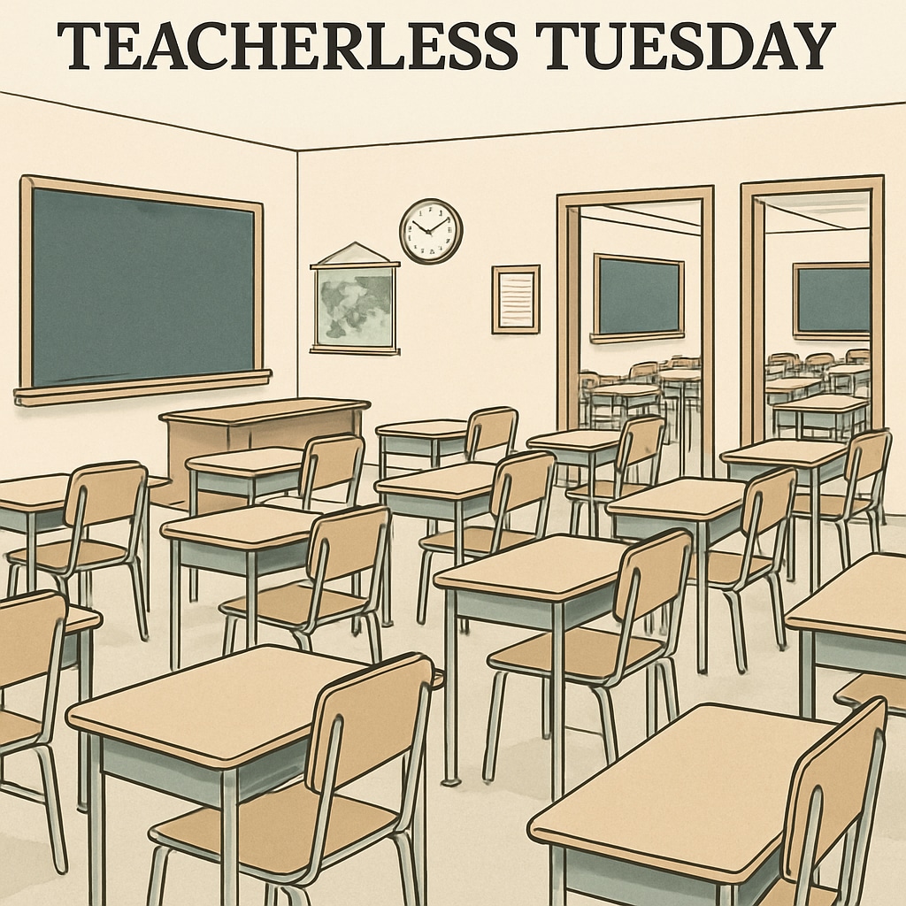 A group of empty classrooms with chairs neatly arranged, symbolizing the absence of teachers during Teacherless Tuesday. Empty classrooms symbolizing Teacherless Tuesday,教师抗议,集体缺勤.