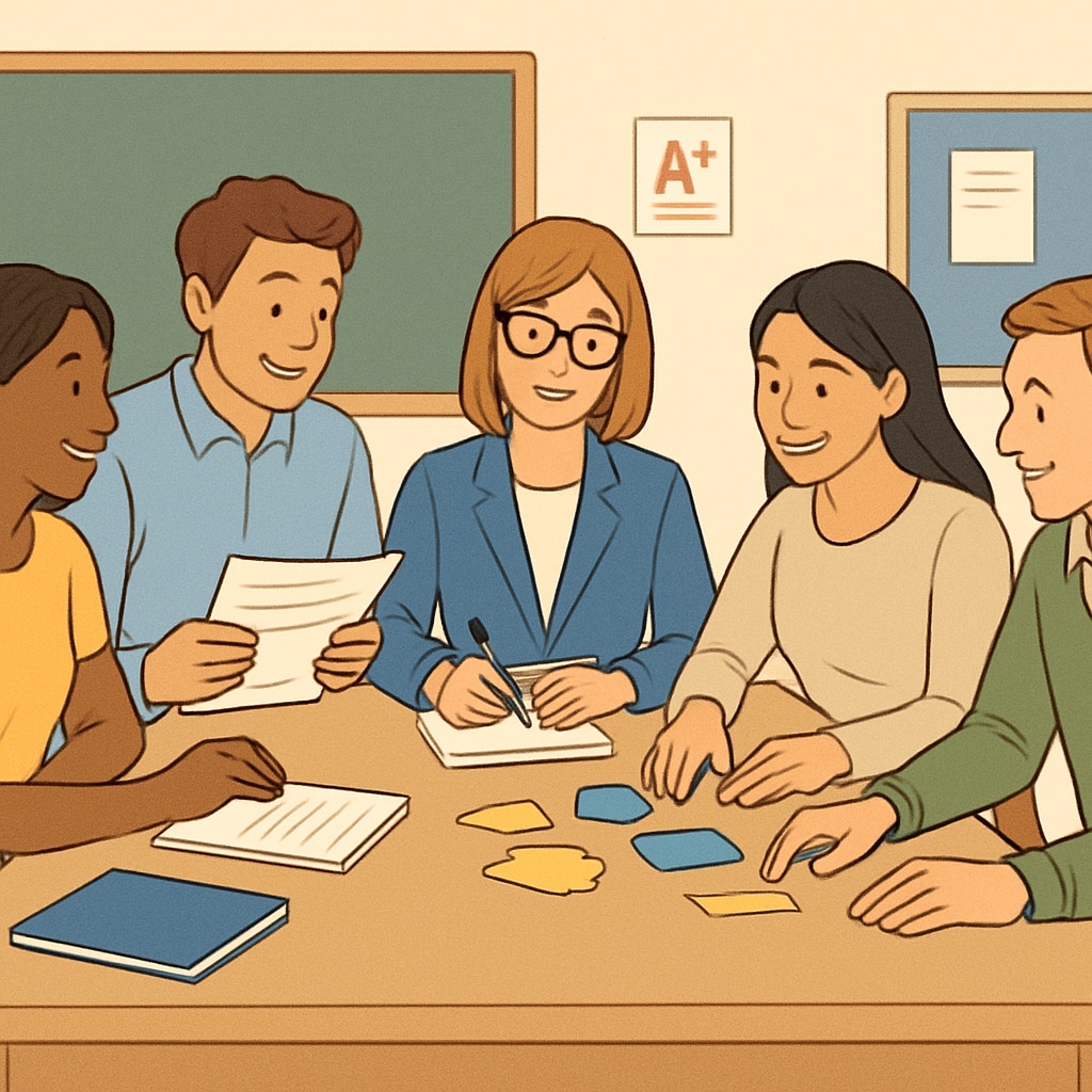 A group of parents engaging in a school workshop with teachers, emphasizing parent-school collaboration. Parents and teachers collaborating at a school workshop.