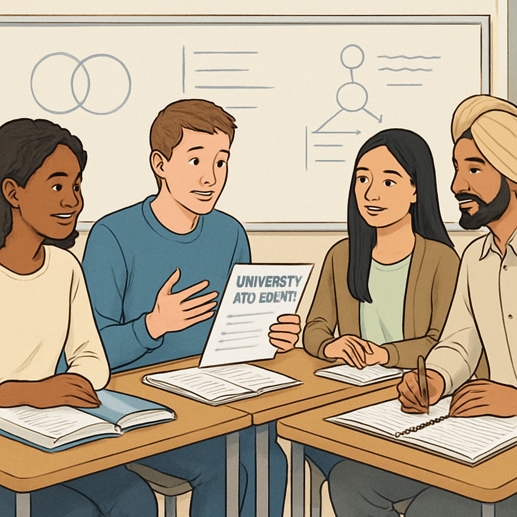 A diverse group of international students discussing university applications in a classroom setting. Students discussing AS-Level university applications in a budget-friendly context.