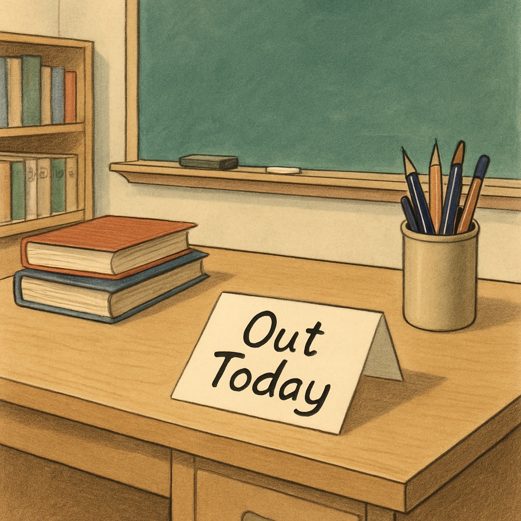 A teacher’s empty desk with a note reading “Out Today,” emphasizing the silent protest of Teacherless Tuesday. Empty teacher’s desk with a note symbolizing Teacherless Tuesday,教师抗议,集体缺勤.