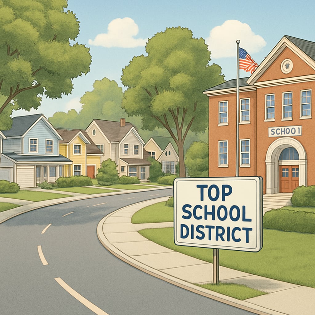Suburban neighborhood with schools highlighting school district rankings, real estate, and education quality.
