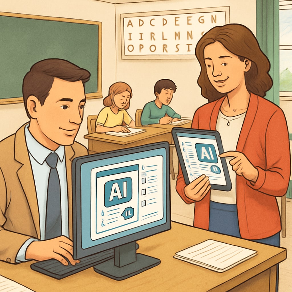 Teachers using AI tools to reduce administrative burdens in a classroom setting.