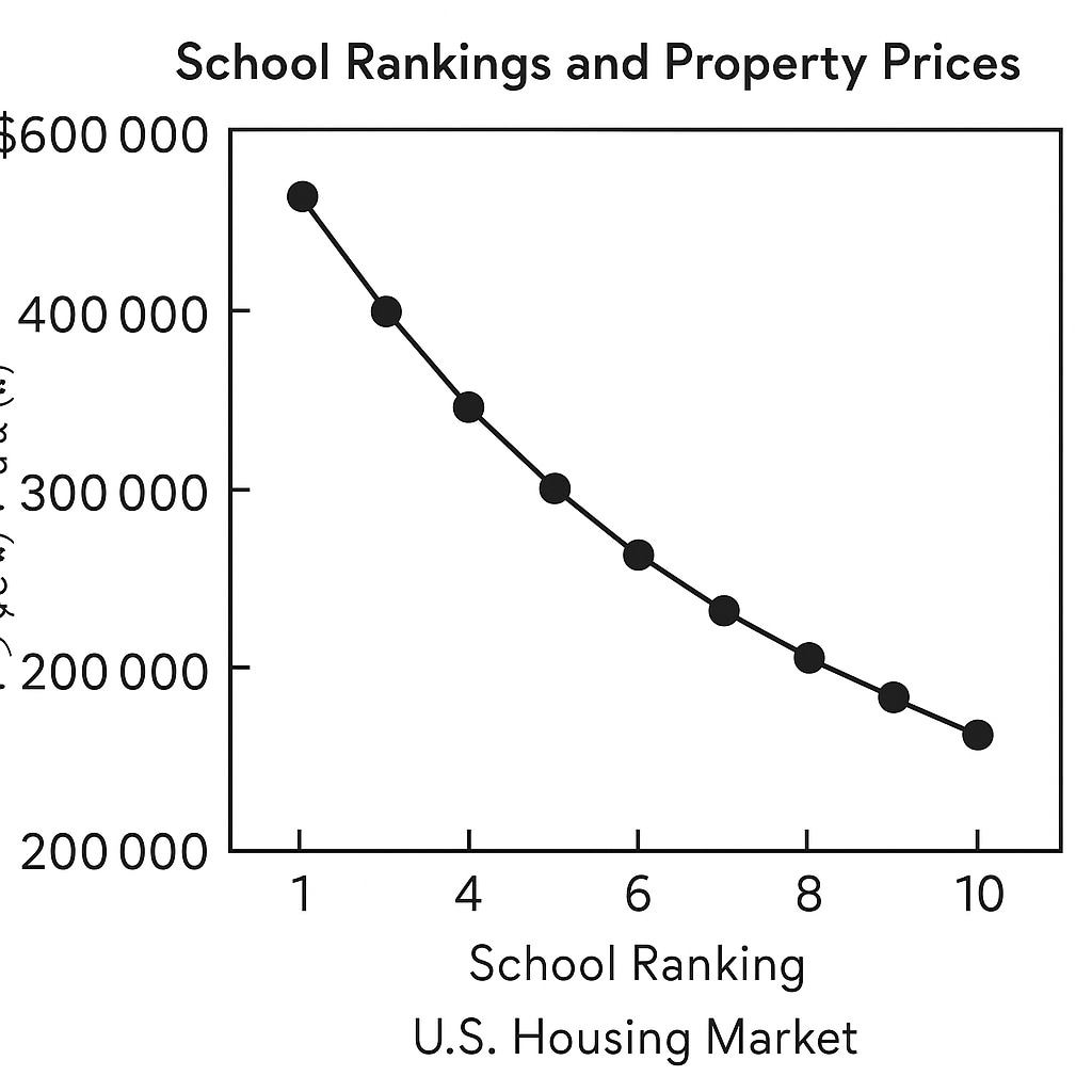 Graph depicting school rankings and their impact on U.S. real estate prices, linking education quality to property values.