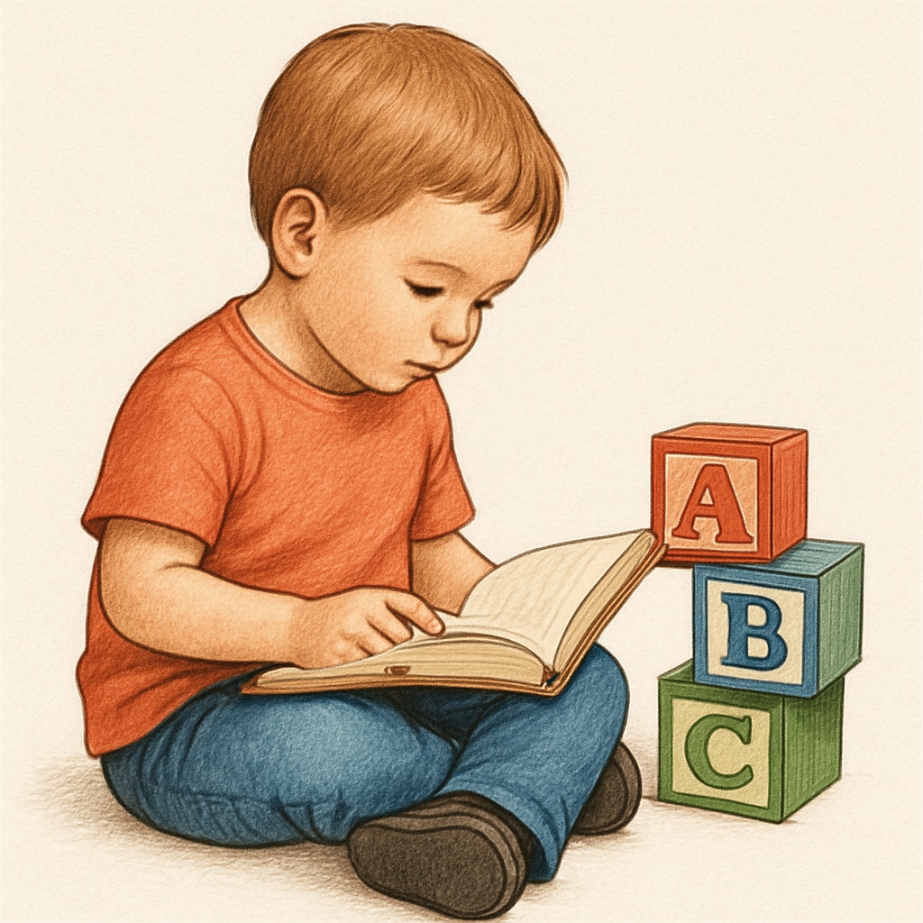 Child learning with phonics-based materials like alphabet blocks.