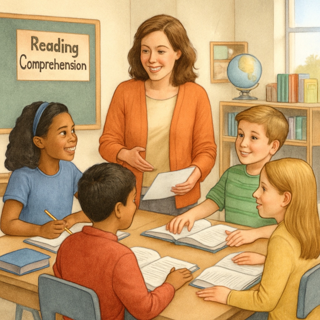 A teacher leading a diverse group of fifth-grade students in a reading comprehension activity, emphasizing collaborative learning. Fifth-grade students and a teacher engaged in an ELA group reading activity.