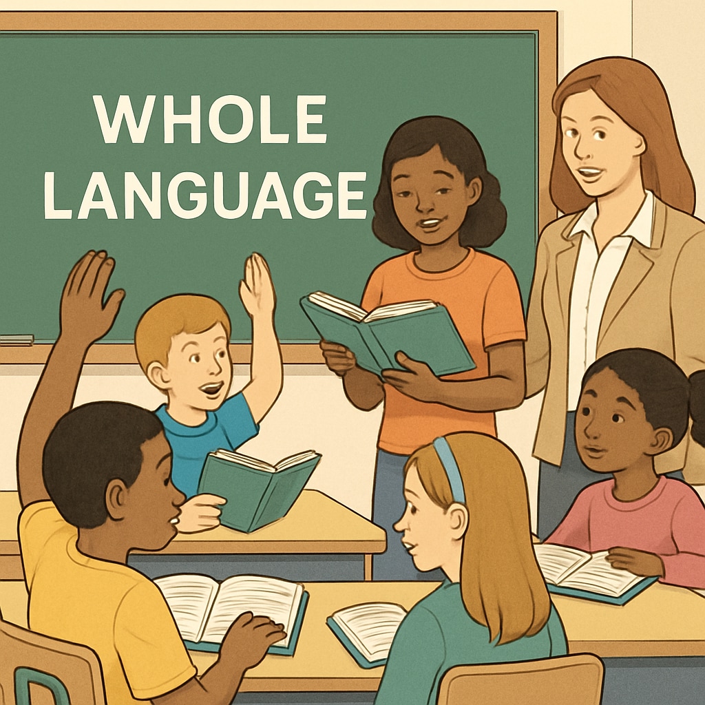 Classroom with children using whole language methods, such as context-driven reading.