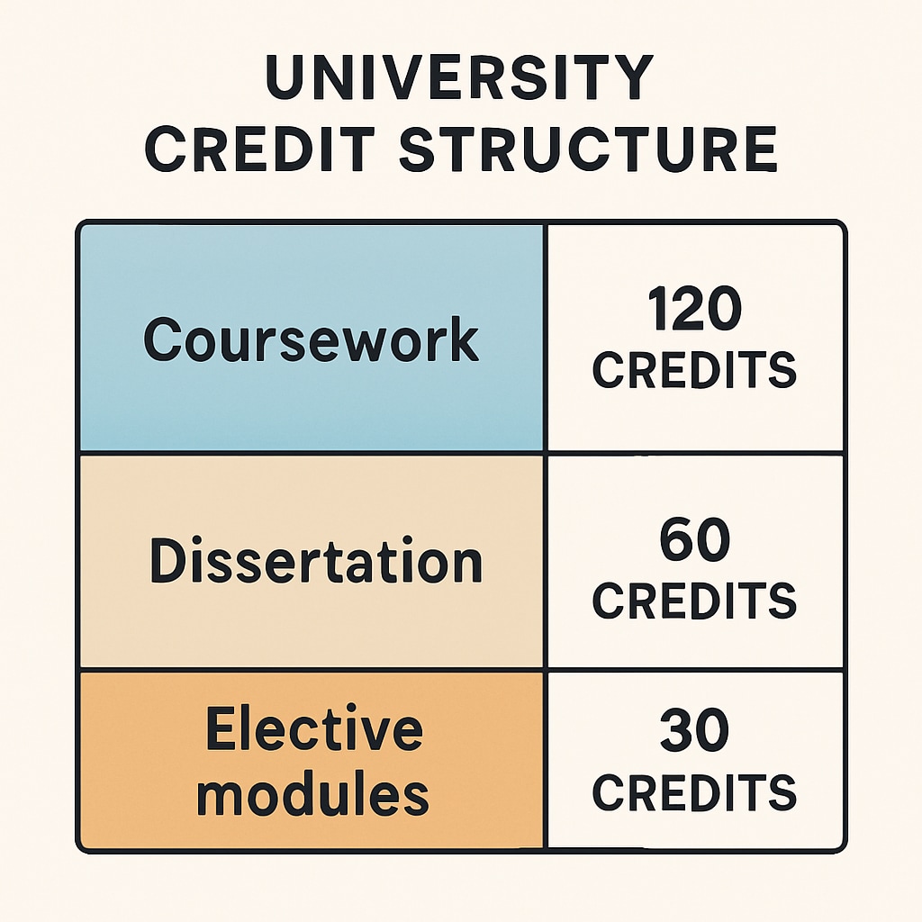Diagram showing credit distribution for UK master’s degree programs.