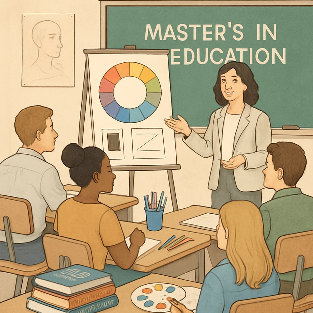 A university classroom where students are engaged in an art education seminar, highlighting the environment of a Master's program in Education. Students in a university classroom discussing topics in art education, related to pursuing a Master's degree.