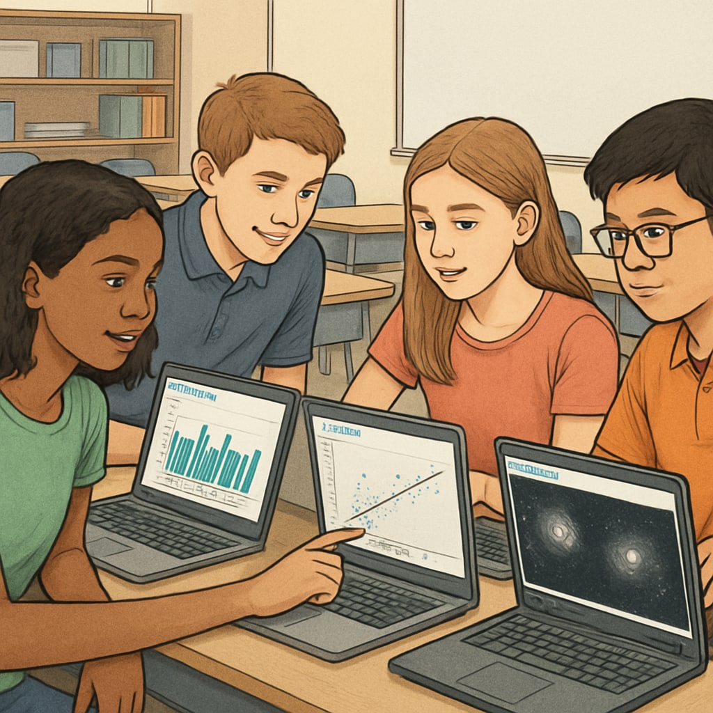 A group of K12 students working on laptops in a classroom, analyzing data from Zooniverse citizen science projects. K12 students participating in Zooniverse citizen science projects in a classroom setting.