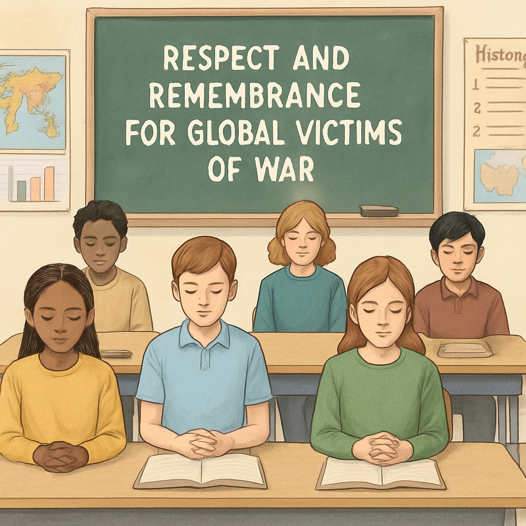 Students observing a moment of silence for war victims during a classroom activity.