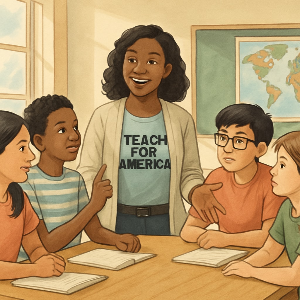A Teach for America teacher leading a classroom discussion with students from diverse backgrounds, emphasizing the program's focus on underserved communities. Teach for America teacher engaging with students in a classroom, representing the program's real-world teaching impact.