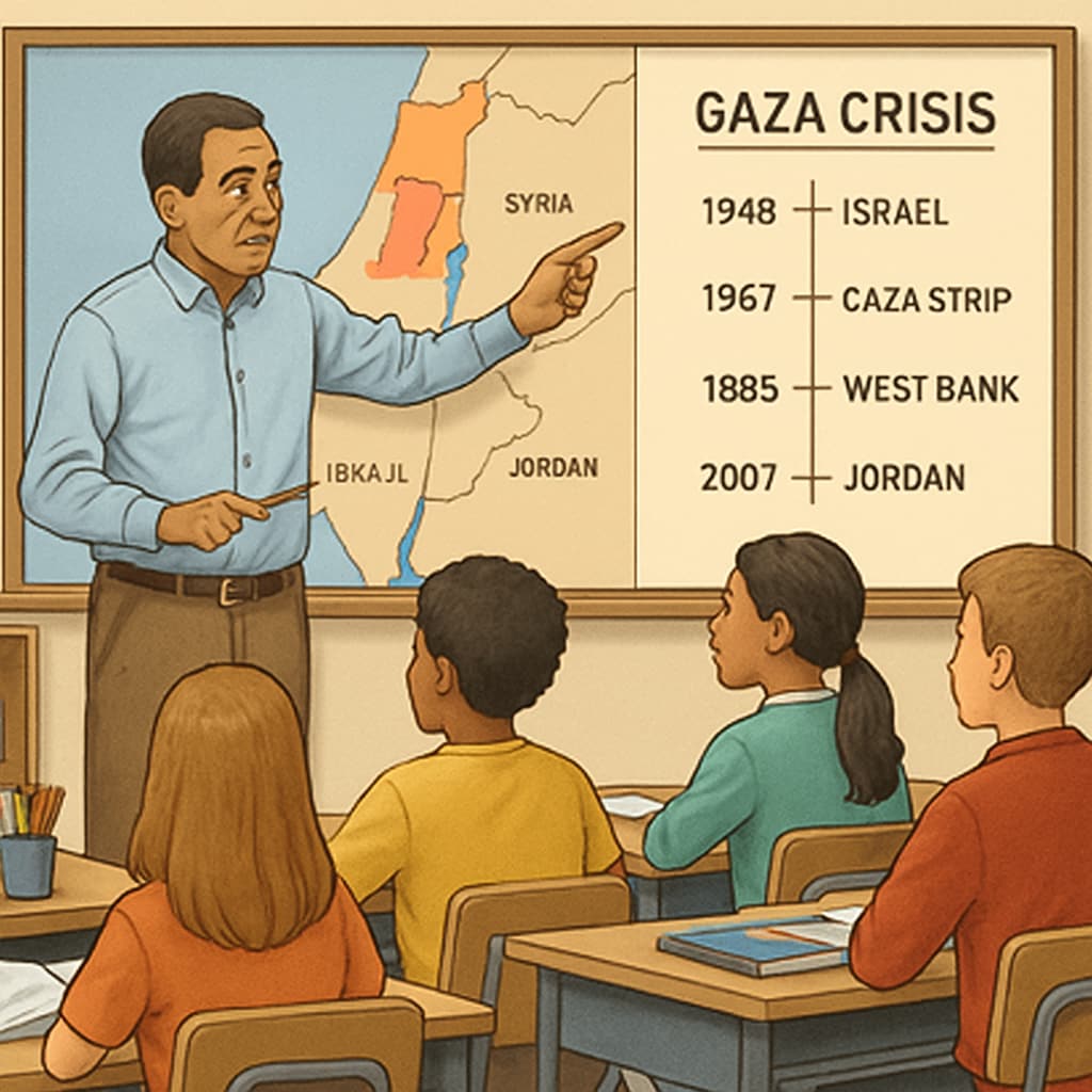 Teacher explaining the Gaza crisis to students with a map and timeline in a classroom.