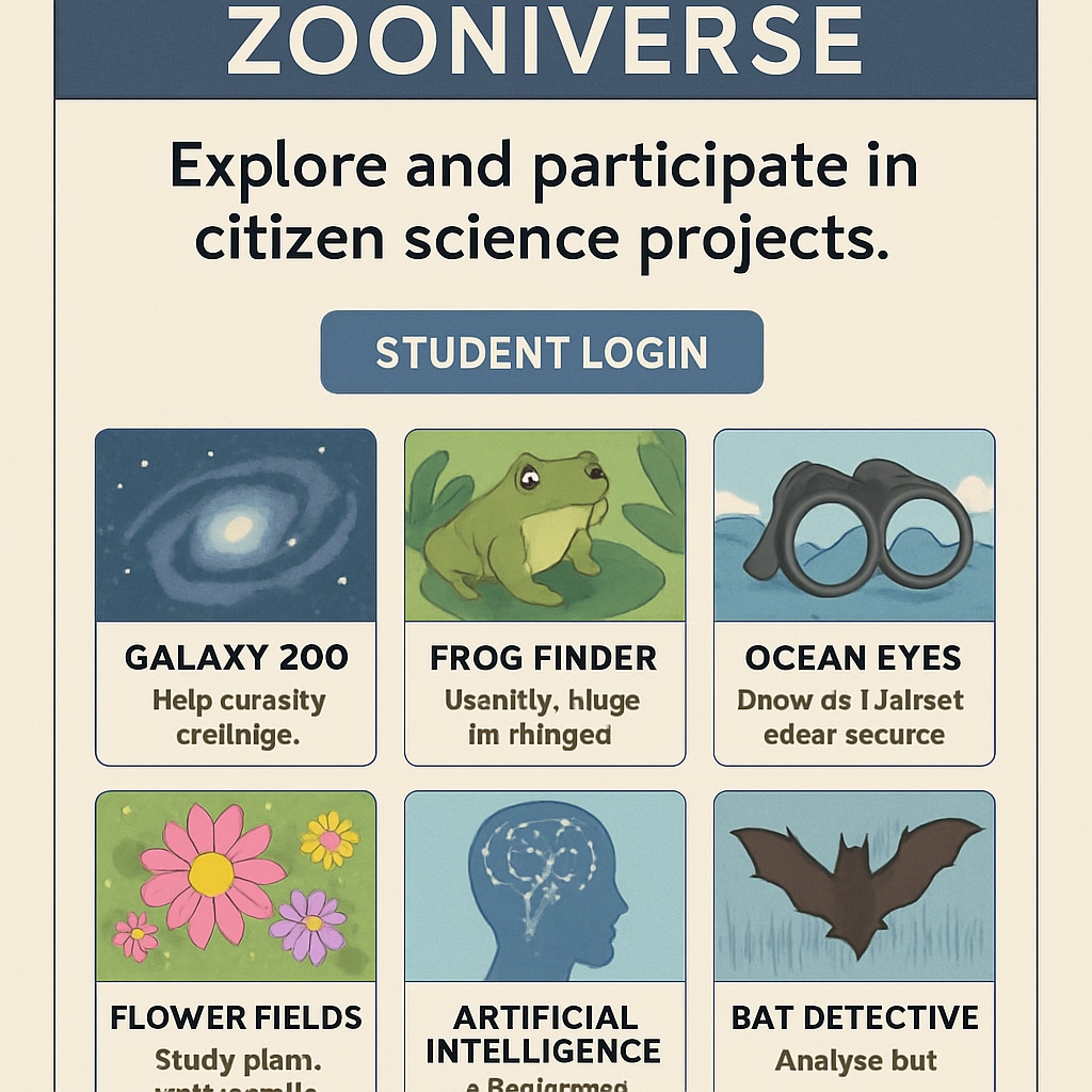 A visual screenshot of the Zooniverse platform showing various citizen science projects available for students to participate in. Screenshot of Zooniverse platform showcasing citizen science projects for K12 students.