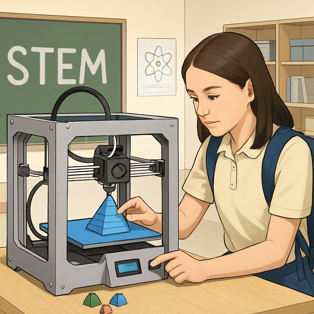Female high school student working with a 3D printer in a STEM lab