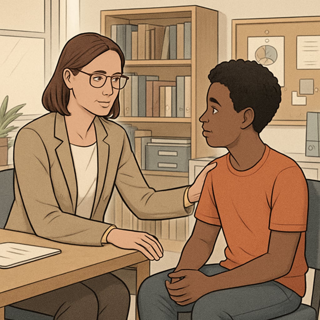 A school counselor sitting with a student, providing emotional support in a well-lit office setting. The student looks attentive and engaged. School counselor providing emotional guidance to a student in a counseling office.