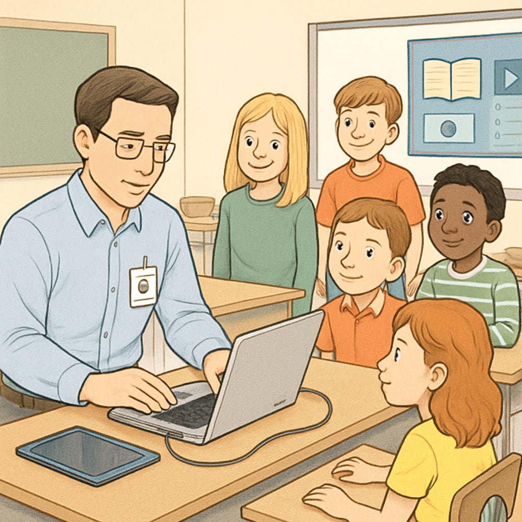 An IT specialist setting up digital learning tools in a classroom filled with students. The students appear curious and eager to learn. IT specialist assisting students with digital learning tools in a classroom.