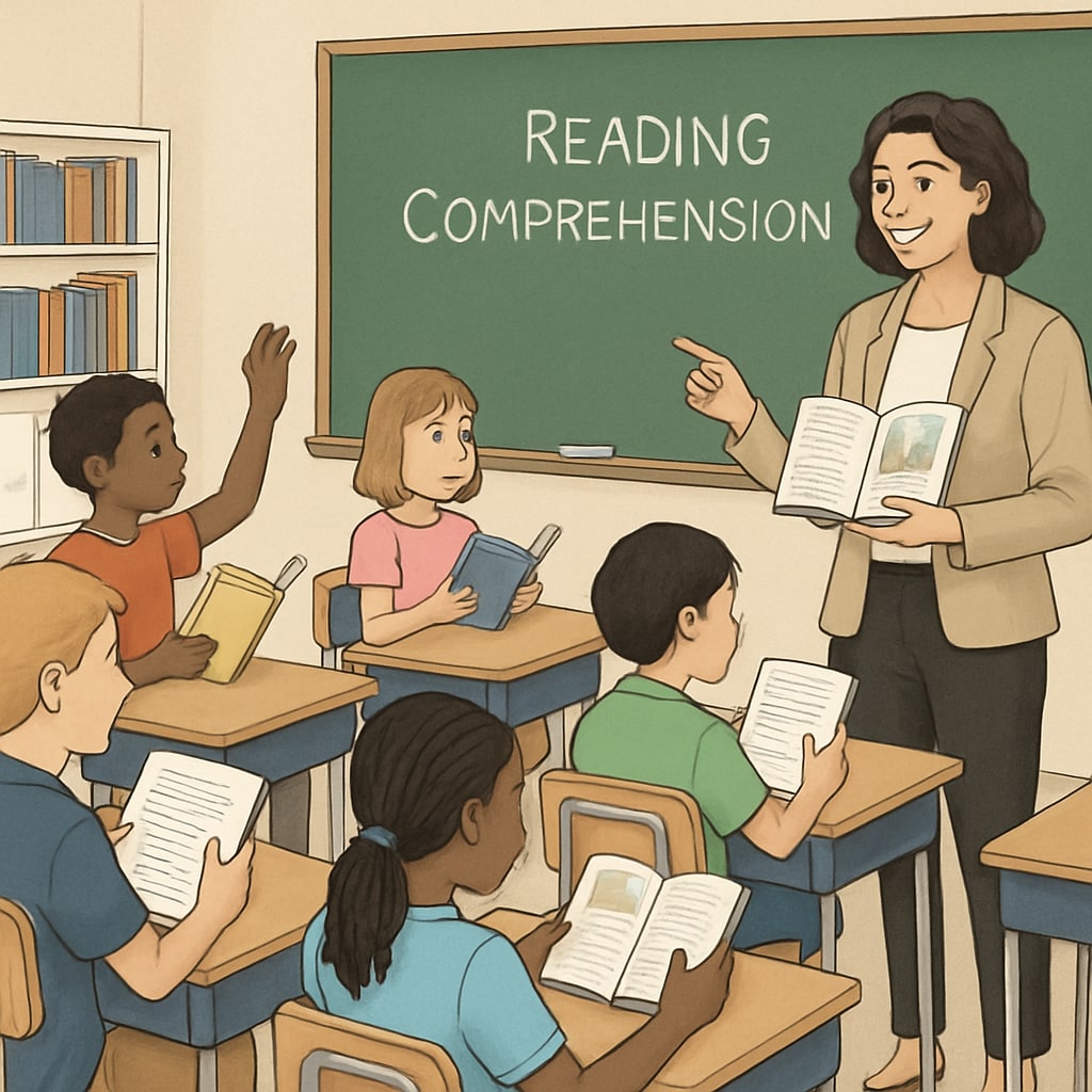 Teacher helping students use free reading comprehension tools in class.