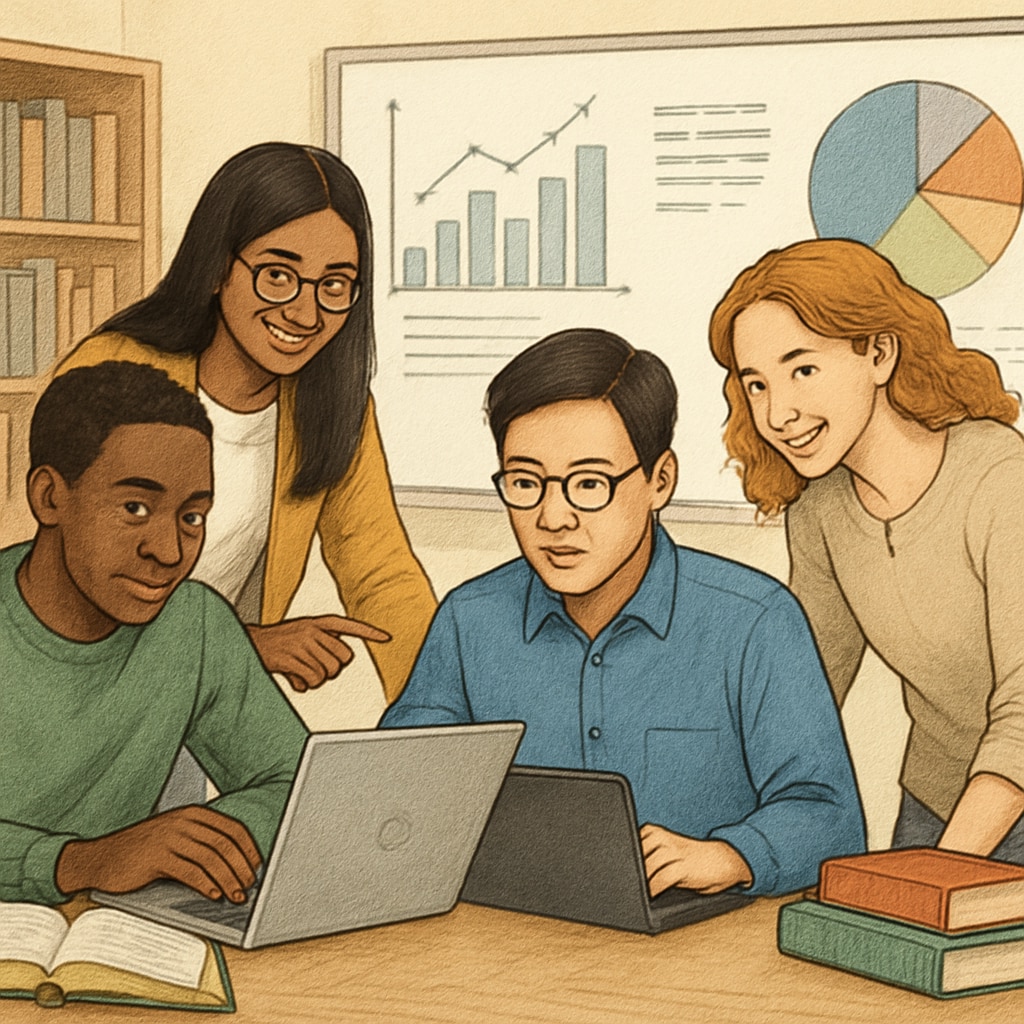 A diverse group of international students working collaboratively on data science projects in a university setting. International students collaborating on data science projects in the U.S.