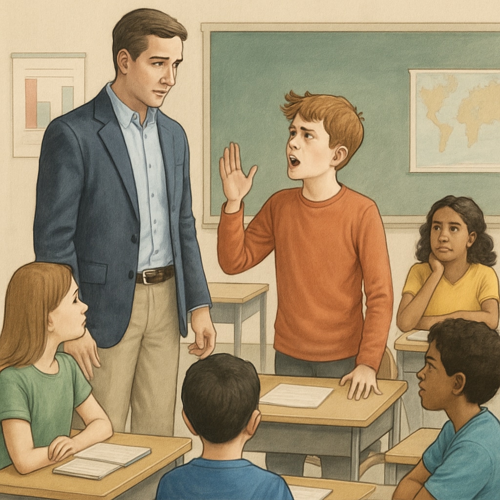A teacher managing a disruptive student while the rest of the class looks on, demonstrating the challenges of balancing classroom attention. Teacher addressing disruptive behavior in a classroom setting.