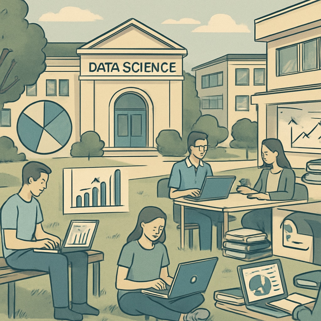 A university campus known for its data science program, showcasing students analyzing data on laptops. Students analyzing data on laptops at a top U.S. university campus.