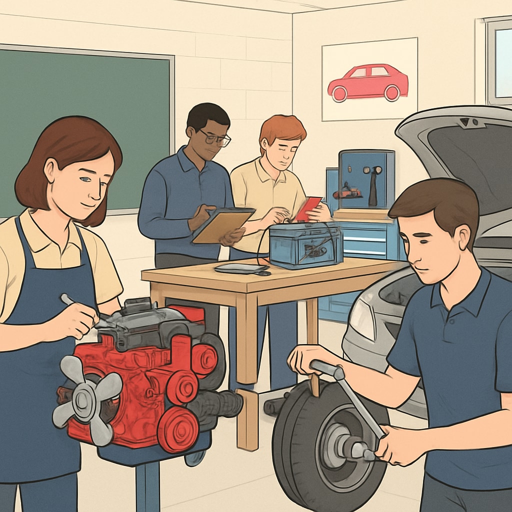 A classroom setting with students working on automotive technology projects, showcasing hands-on technical education. Students engaging in hands-on automotive technology education.