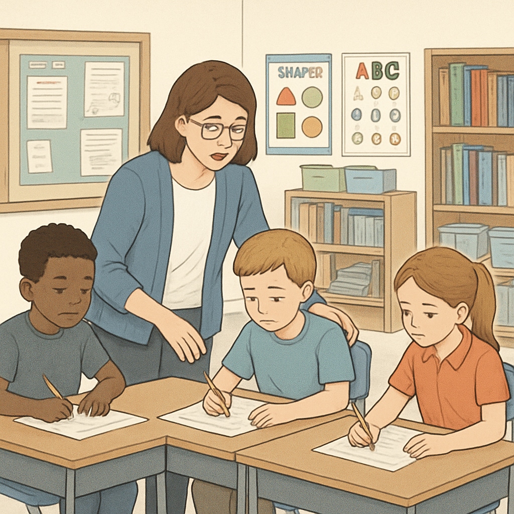 A classroom with a small group of students receiving specialized behavioral support, symbolizing targeted interventions. Specialized behavioral support for students in a classroom setting.