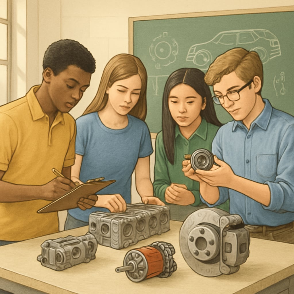 High school students collaborating on a STEM project involving automotive components, illustrating early technical education. High school students working on an automotive technology project.