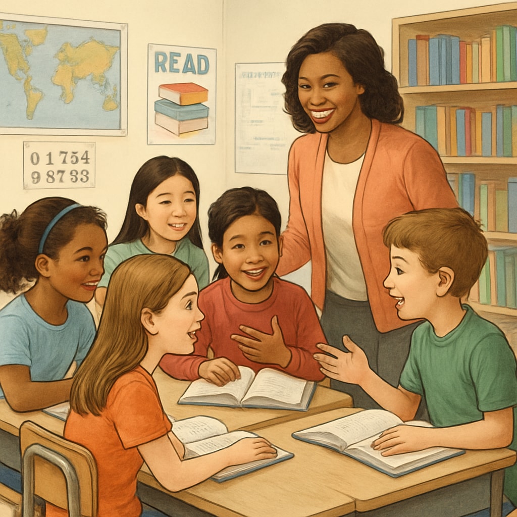 A classroom of fifth graders engaged in a collaborative reading activity, with the teacher guiding them. Fifth-grade students participating in a guided reading activity during an ELA lesson.